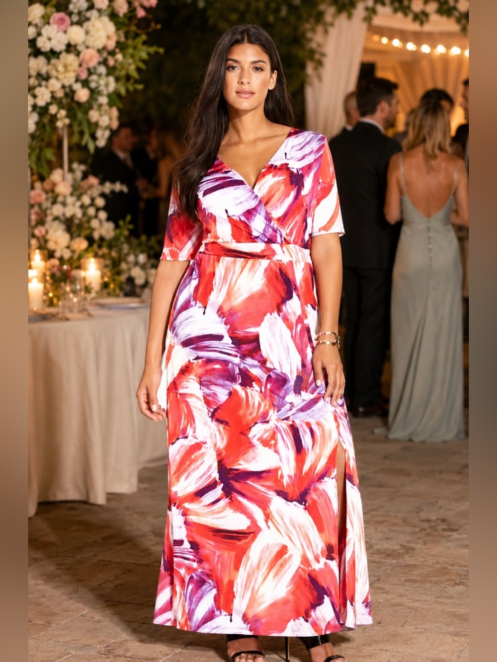 NY Collection Woman 1X Abstract Print Faux Wrap Dress Wedding Dress Guest
